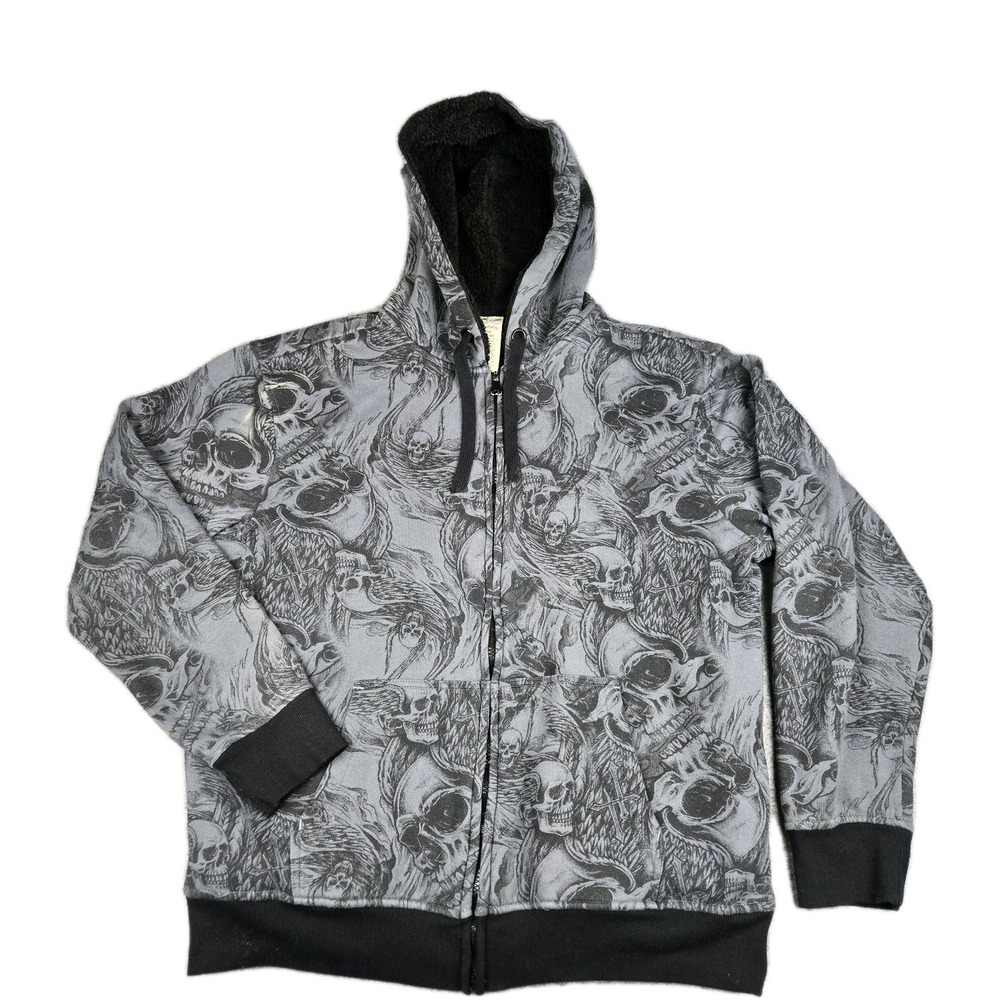 Vintage Faded Glory Skull Hoodie Men's Size Medium AOP Sherpa Lined Cyber Y2K